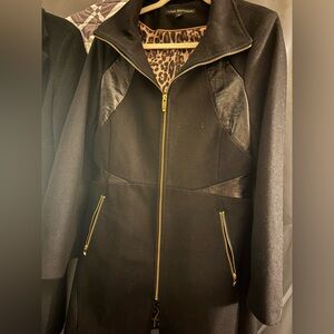 Via Spiga Black wool blend and faux Leather Jacket with Gold Zippers